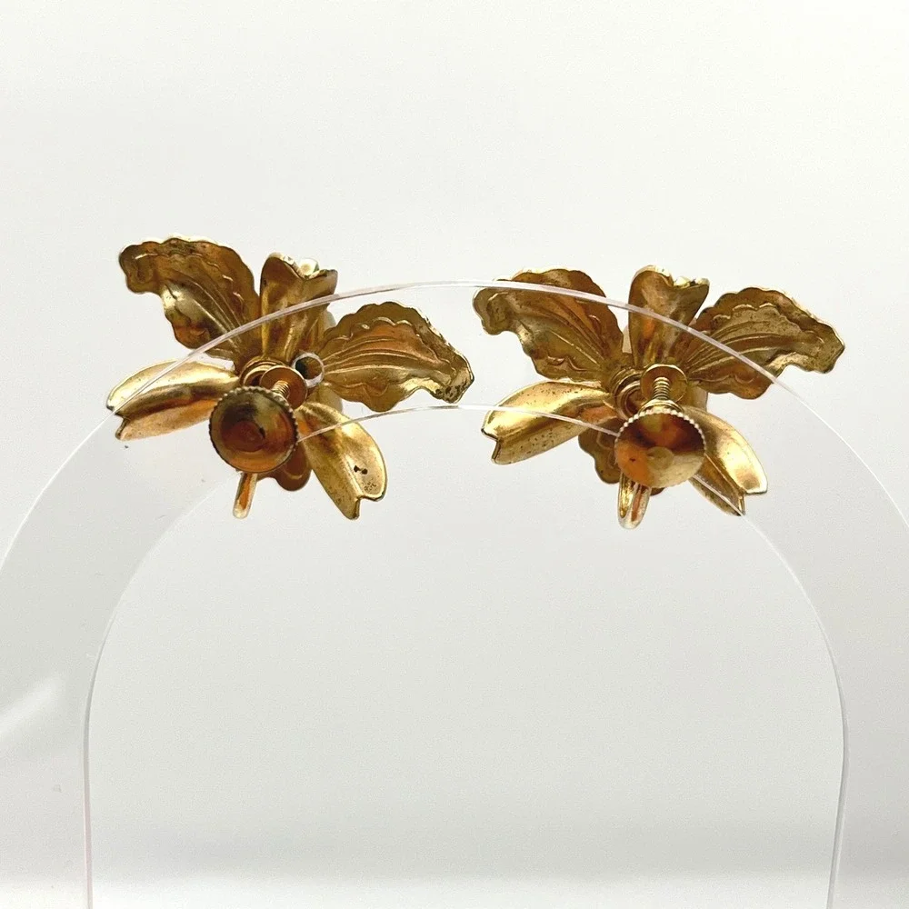 Vintage Gold‎ Tone Orchid Flower Screw Back Earrings Botanical Floral Statement